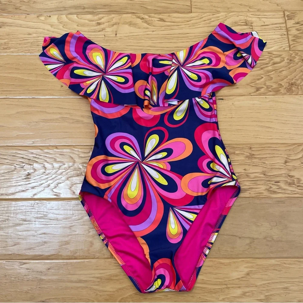 Trina Turk Off the Shoulder Ruffle One Piece Swimsuit Pink Purple Swirl Small